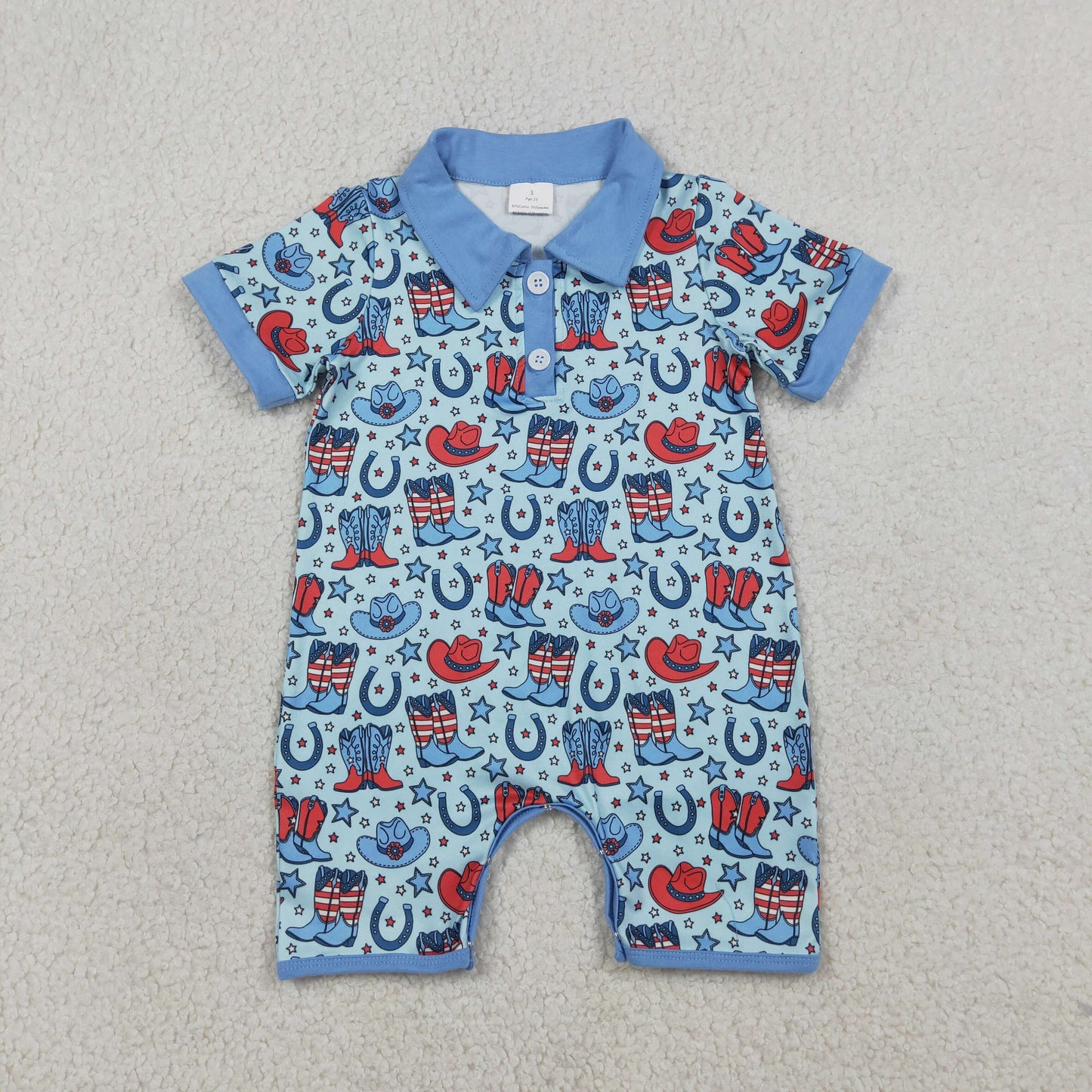 Baby Boys Short Sleeves Buttons Hats Boots Stars 4th of July Western Blue Romper RTS