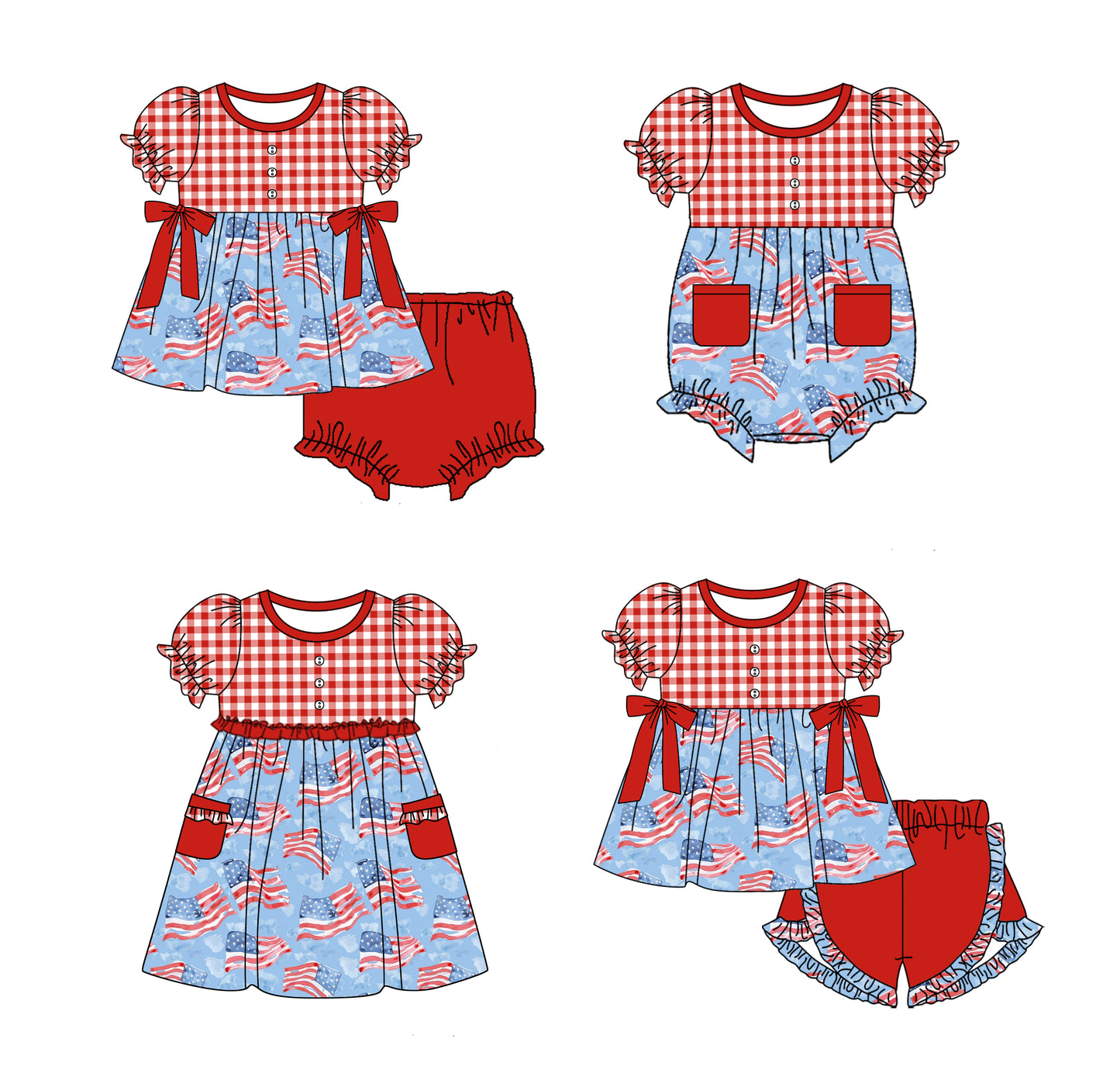 Baby Girl Short Sleeves July 4th Flags Plaid Sibling Romper Dress Clothes Set ( Moq 5 Each Design )11.26