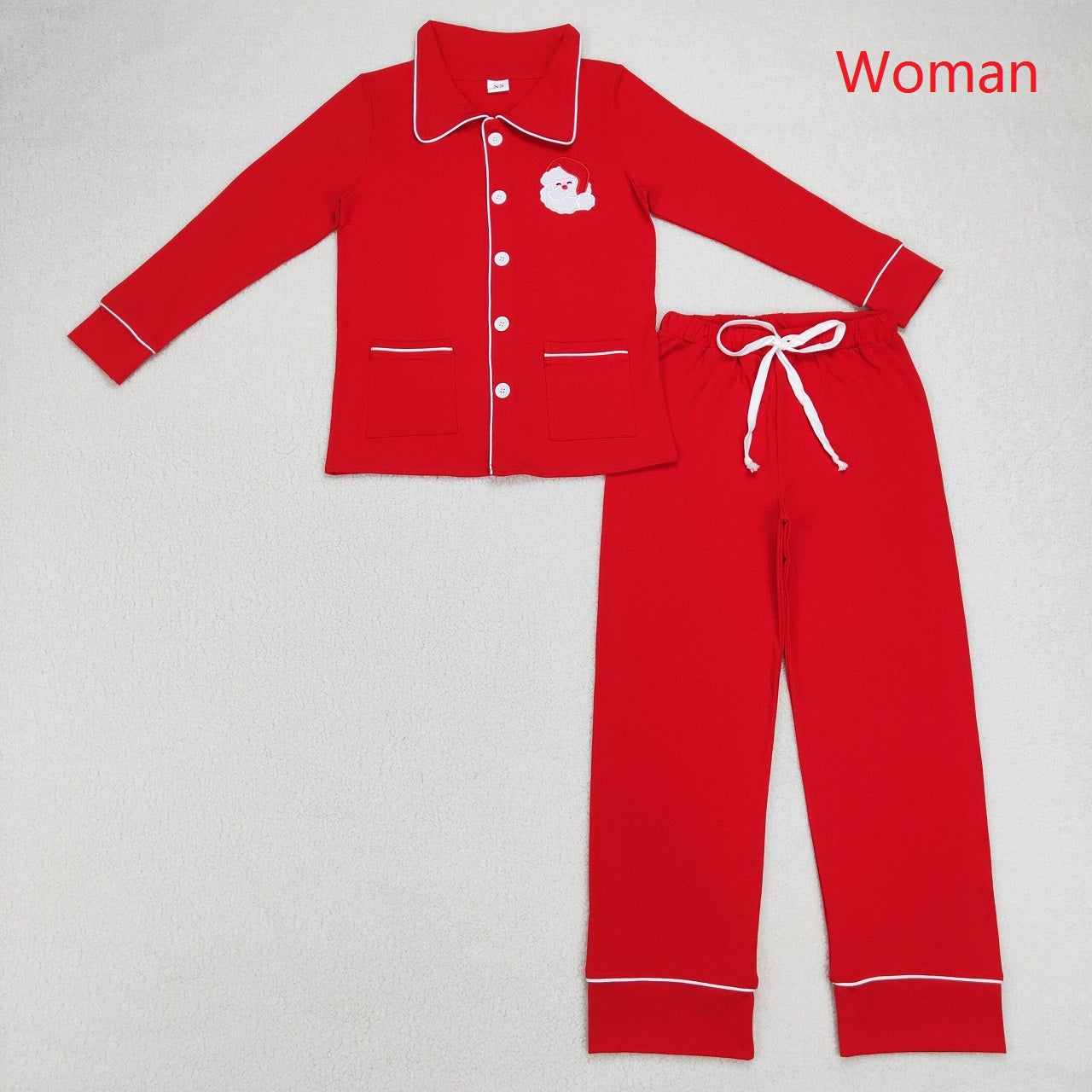 GLP0700 Adult Women Long Sleeves Button Up Embroidery Red Pants Christmas Santa Pajamas Outfit