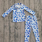 Kids Girls Blue Bows Pockets Zipper Shirt Pants Yoga Football Cheer Set RTS