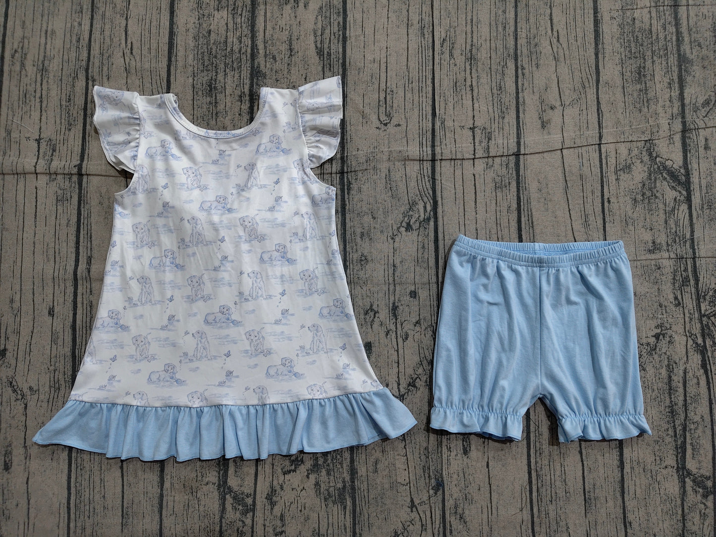 Baby Girls Kids Sleeveless Dogs Tops Blue Shorts Clothes Set RTS