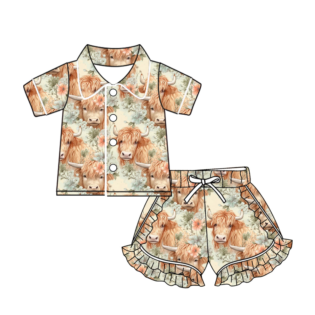 Baby Girl Short Sleeves Buttons Short Summer Flower Cow Pajamas Clothes Set Moq 5