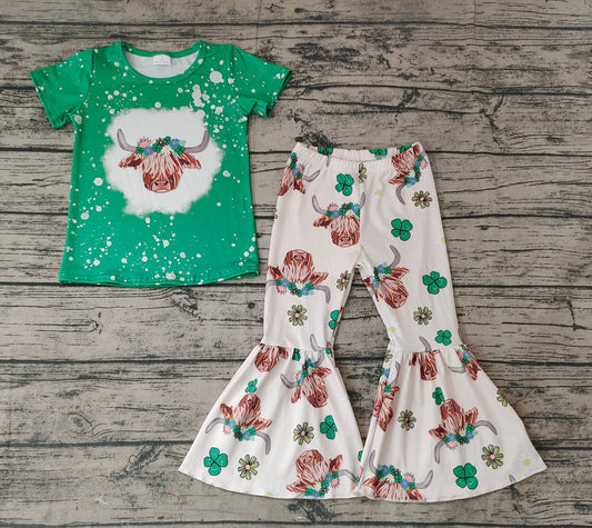 No moq Pre-order GSPO1180 Baby Girl Short Sleeves Green Shirt Cow Floral Bell Pants St. Patrick's Day Set