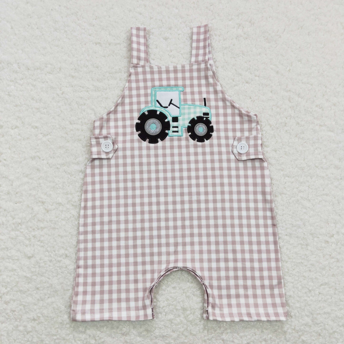 SR0631 Baby Boy Embroidery Tractor Plaid One Piece Romper