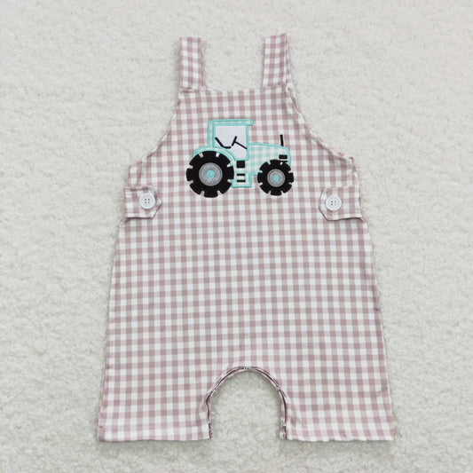 SR0631 Baby Boy Embroidery Tractor Plaid One Piece Romper