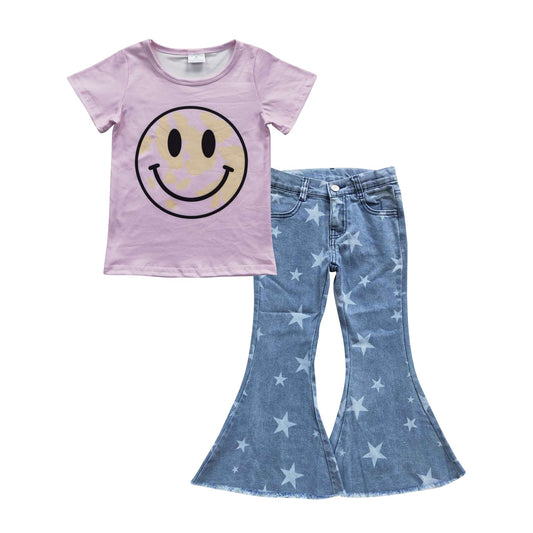 Baby Girl Pink Short Sleeves Smile Shirt Stars Blue Denim Pants Western Outfit