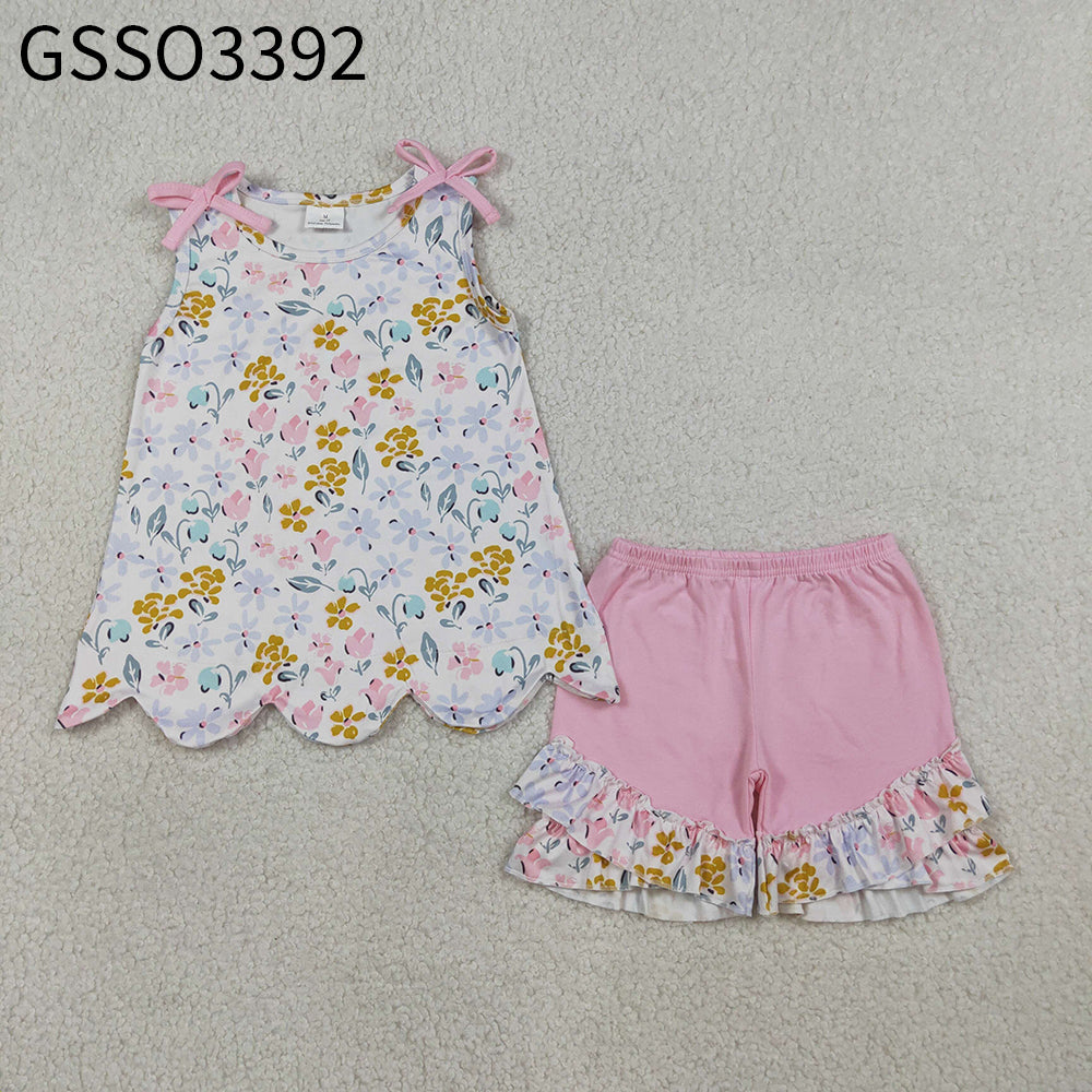 Baby Girls Kids Sleeveless Flower Scallop Tops Pink Ruffle Shorts Summer Set RTS