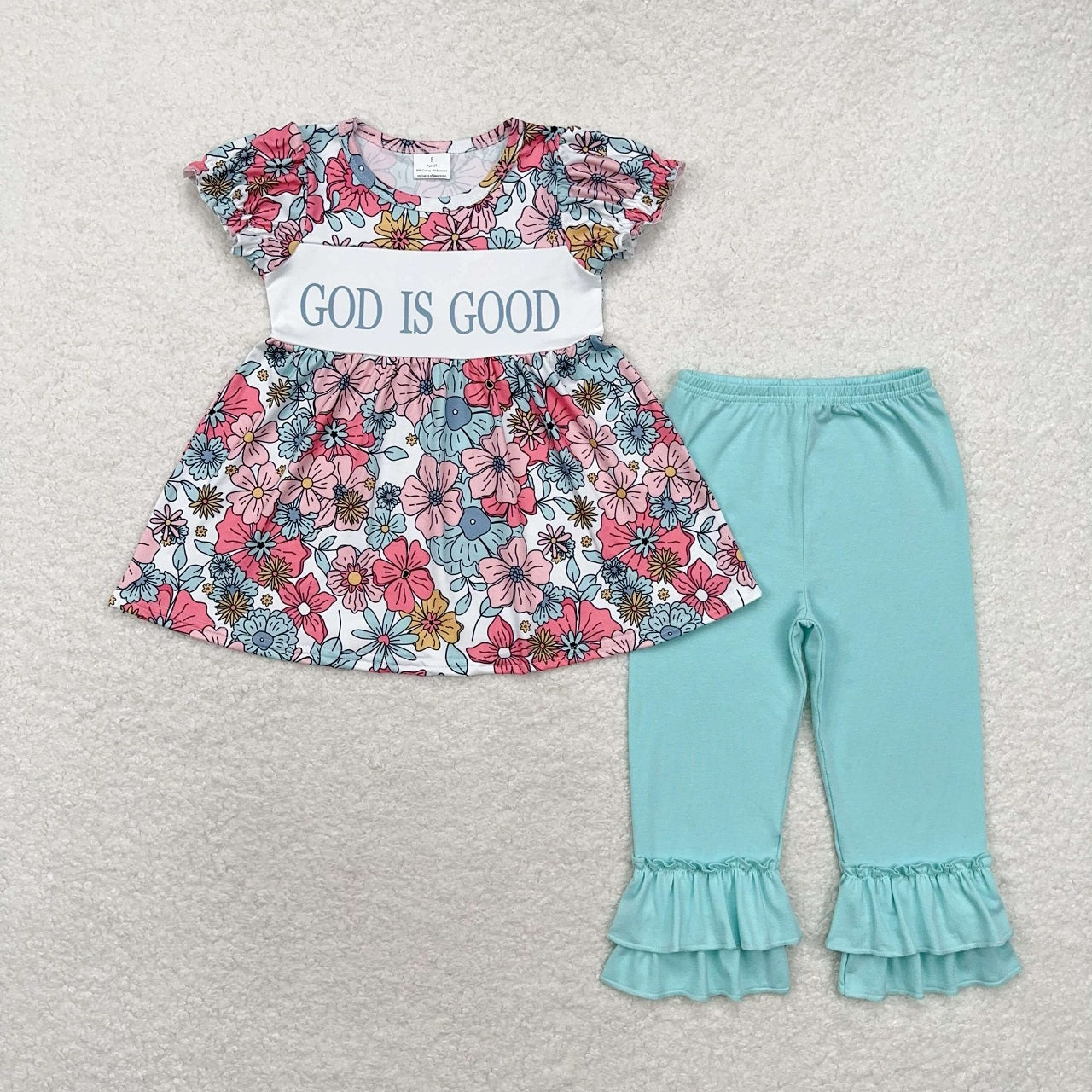 Baby Girl Short Sleeves God Is Good Flower Tunic Green Pants Set