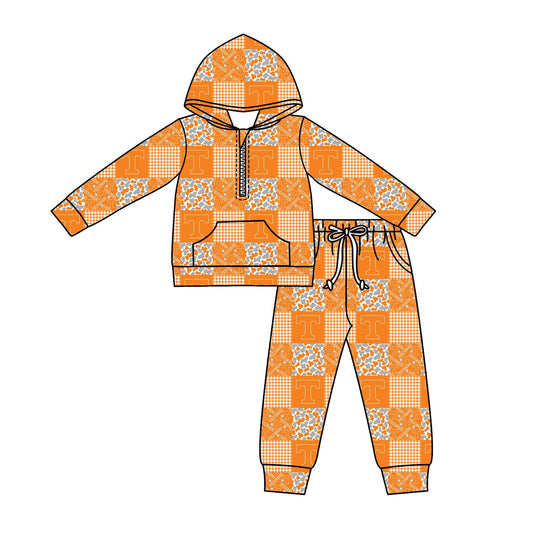 ( Moq 5 ) Baby Kids Long Sleeves Zipper T Pullover Pockets Camo Plaid Pants Team Clothes Orange Set