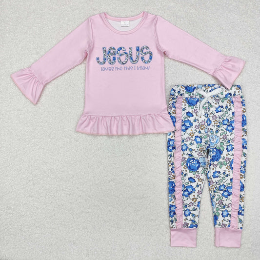 Baby Girl Long Sleeves Pink Jesus Shirt Ruffle Floral Pants Set