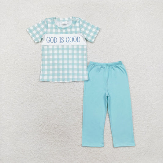 Baby Boy God Is Good Checkered Shirt Pants Pajamas Outfit Set