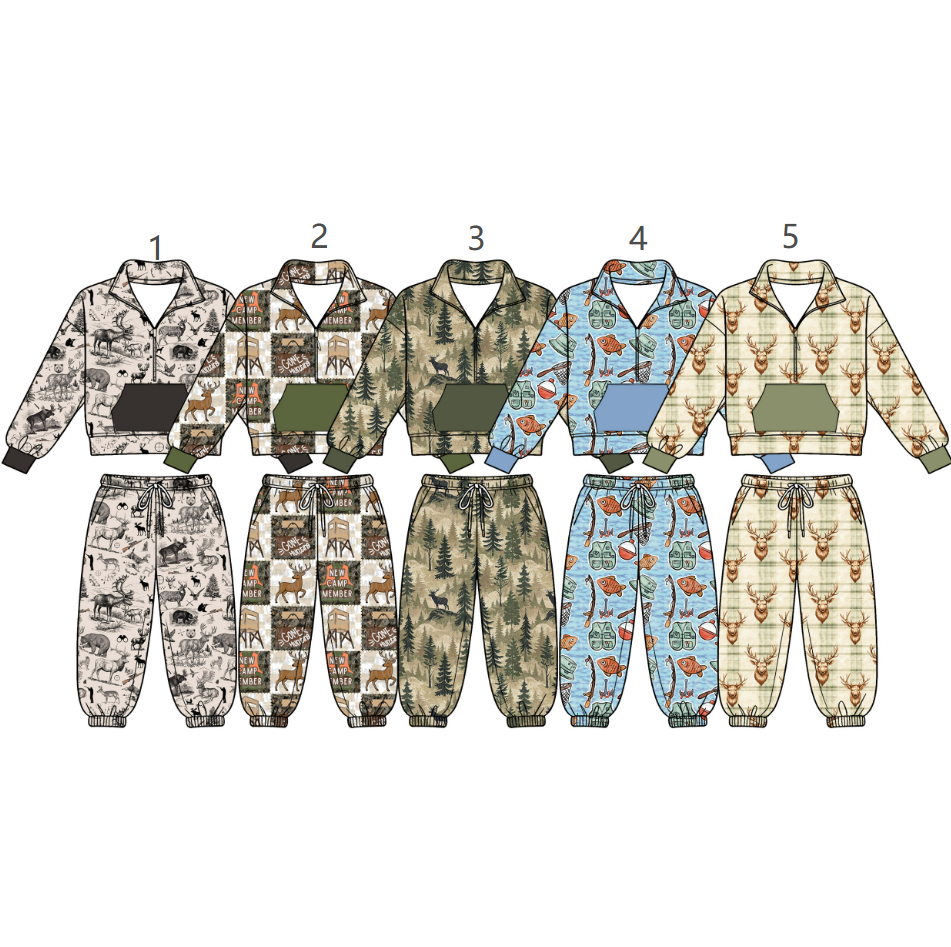 ( Moq 5 Each Style ) Sibling Baby Boys Kids Long Sleeves Zipper Fishing Shirts Pockets Pants Sets Hunting Clothes