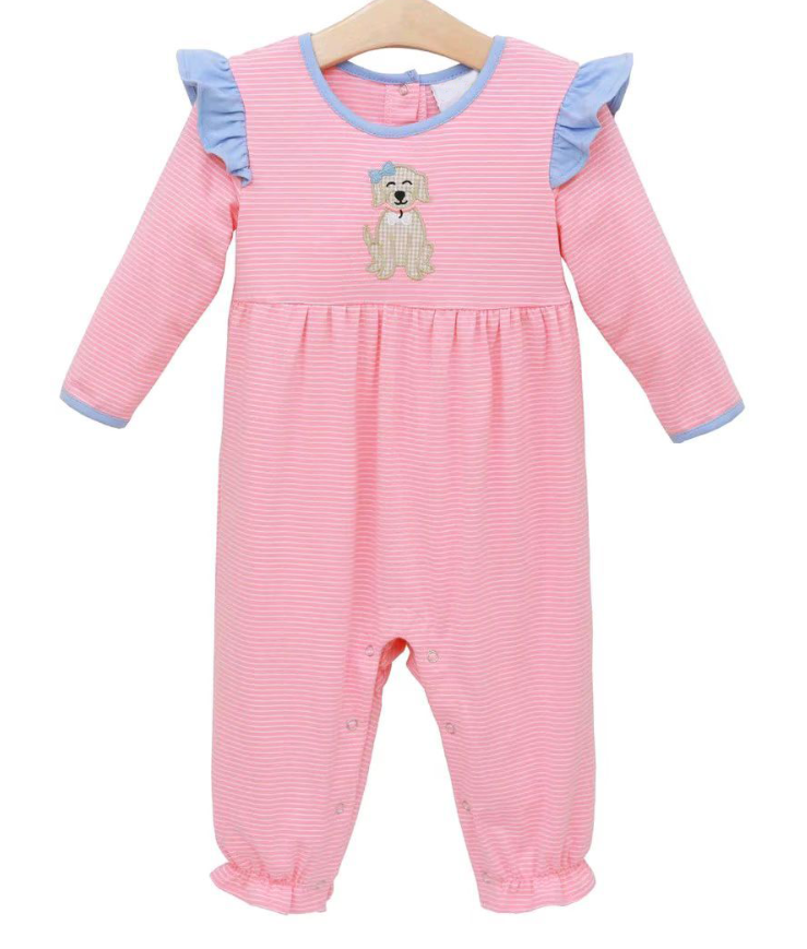 ( Moq 5 ) Preorder Baby Girl Long Sleeves Dog Pink Stripes Buttons Romper