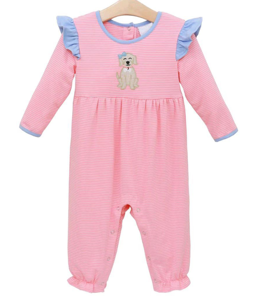 ( Moq 5 ) Preorder Baby Girl Long Sleeves Dog Pink Stripes Buttons Romper