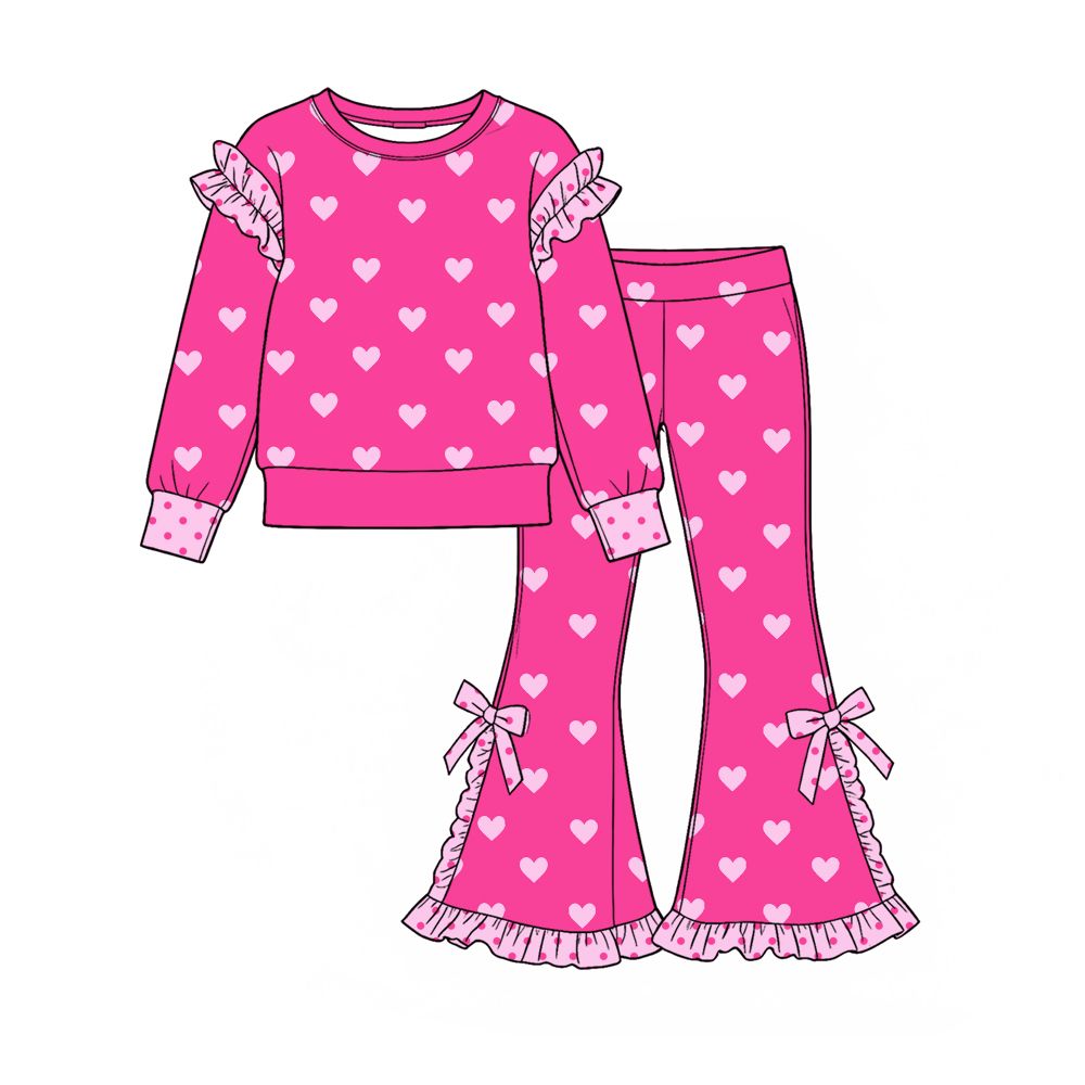 ( Moq 5 ) Preorder Baby Girls Kids Long Sleeves Hearts Pink Shirt Bows Ruffle Pants Valentine Set Clothes