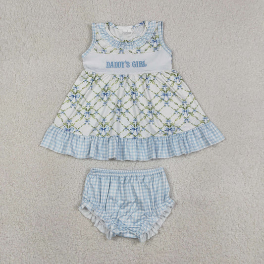 Baby Girls Kids Embroidery Daddy's Girl Bows Tops Blue Bummie Shorts Set Clothes RTS