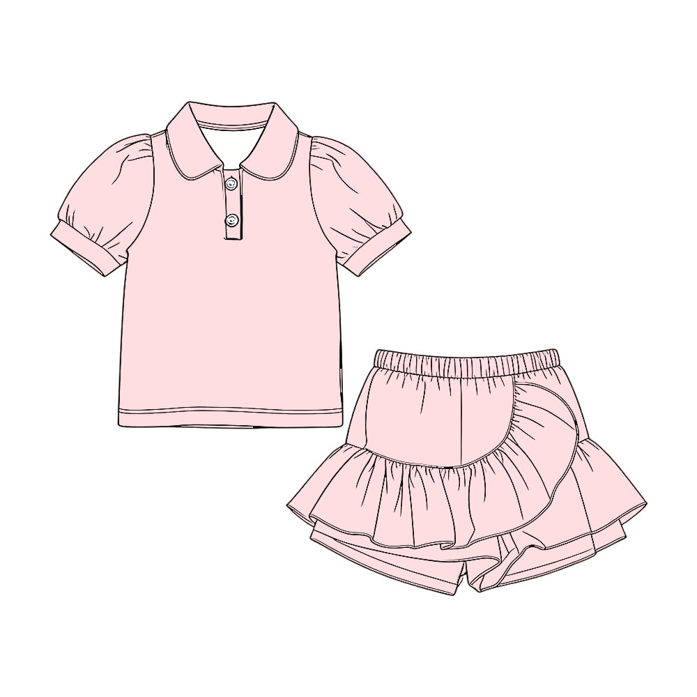 ( Moq 5 )  Preorder Baby Girls Kids Short Sleeves Shirt Ruffle Skirt Shorts Pink Set Clothes