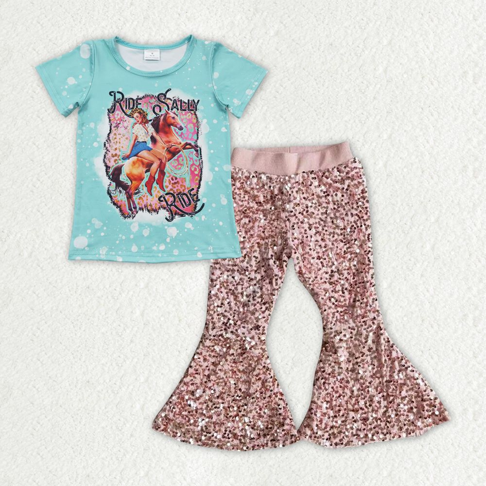 Baby Girl Short Sleeves Rodeo Western Shirt Sequins Bell Pants Clothes Set