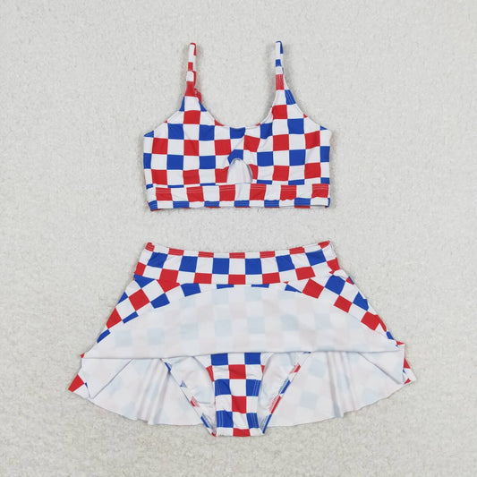 Baby Girl Bathing Suit Checkered Tops Skirt Shorts Set July 4th Swimsuit