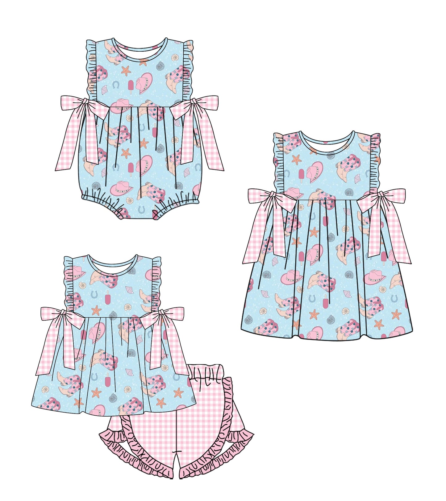 Baby Girl Western Boots Hats Sibling Romper Dress Set ( Moq 5 Each Style ) 1.23