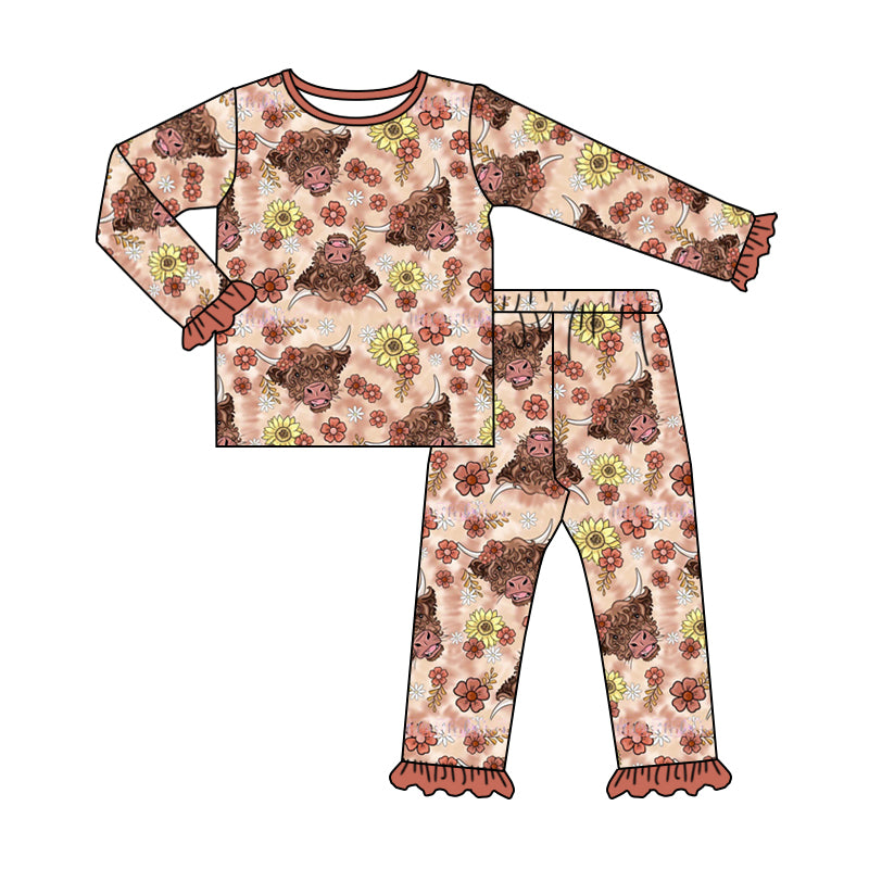 Baby Girl Long Sleeves Western Cow Floral Pants Outfit Pajamas Moq 5