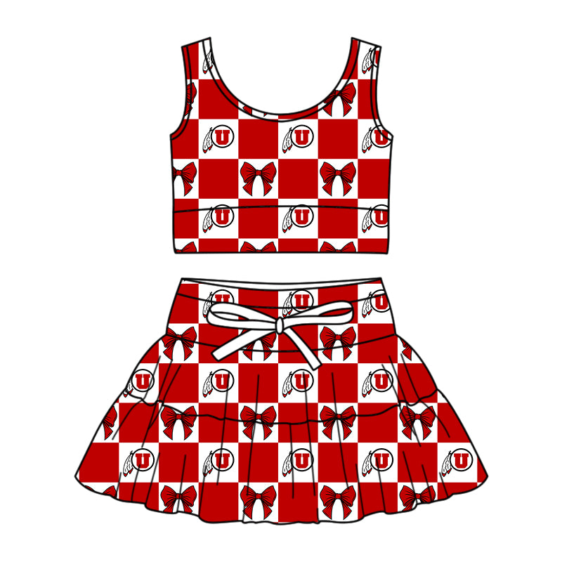 ( Moq 5 ) Baby Girls Kids Sleeveless U Bows Checked Tops Shorts Skirt Team Set