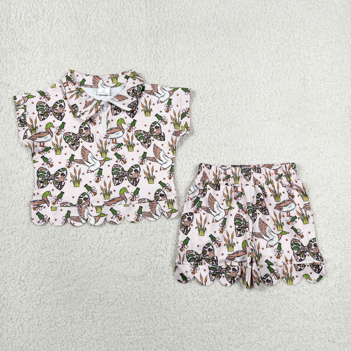 Baby Girl Kids Ducks Bows Zipper Shirt Scallop Shorts Set Hunting Clothes RTS