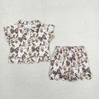 Sibling Baby Girl Kids Short Sleeves Ducks Bows Zipper Shirts Scallop Shorts Sets Clothes RTS