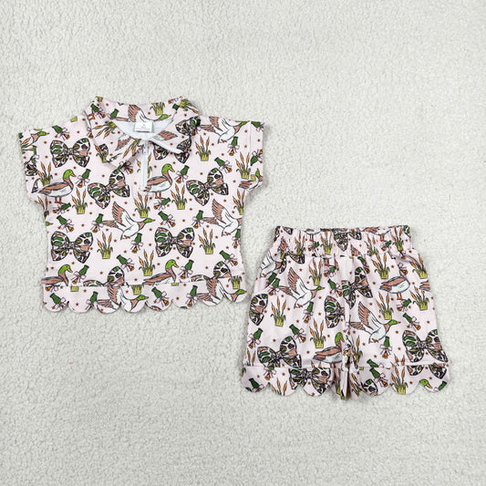 Sibling Baby Girl Kids Short Sleeves Ducks Bows Zipper Shirts Scallop Shorts Sets Clothes RTS