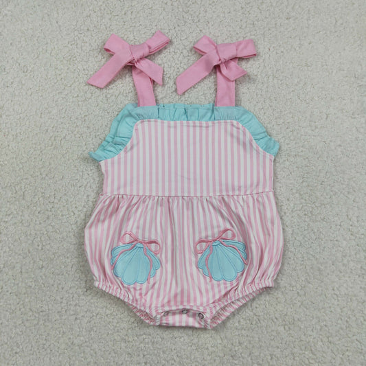 Baby Girls Infant Straps Embroidery Shell Bows Pink Stripes Summer Romper RTS