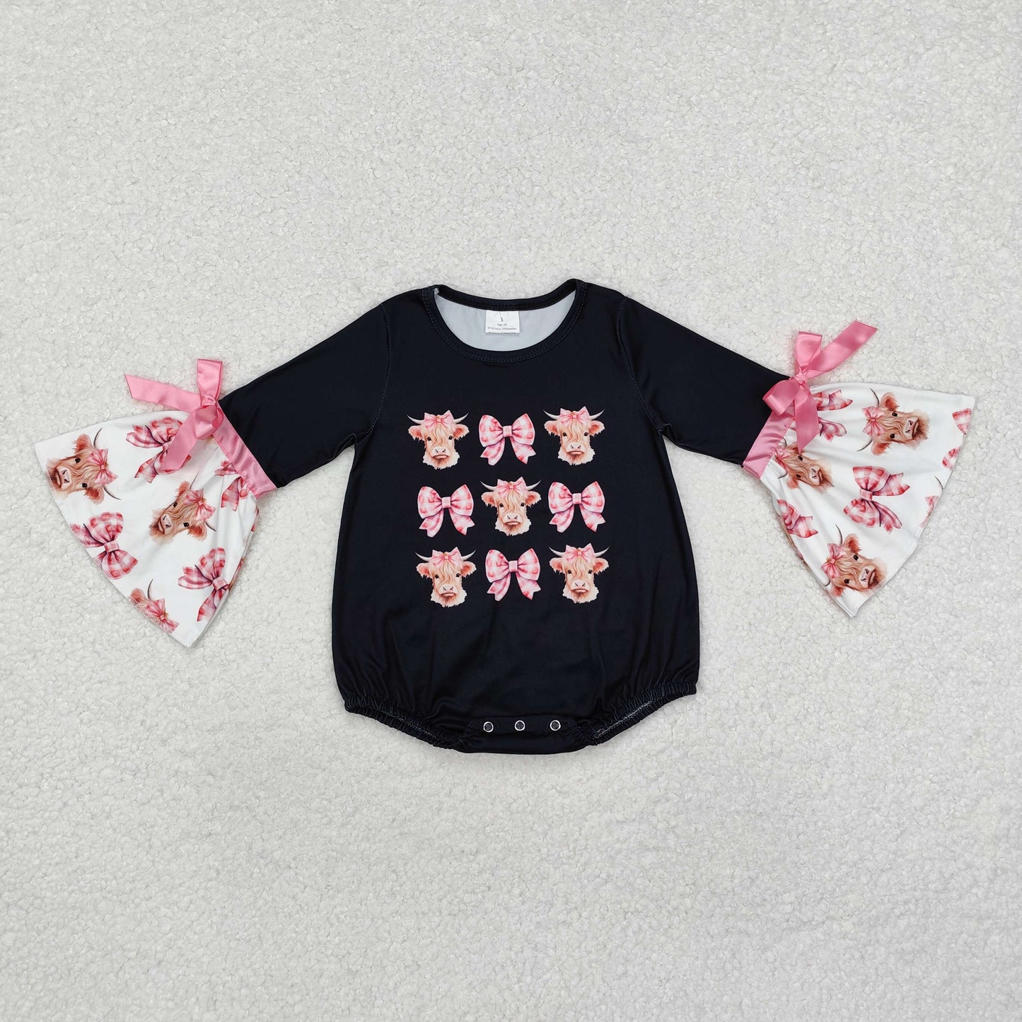 Baby Girl Infant Long Sleeves Cow Bows Western Black Bubble Romper