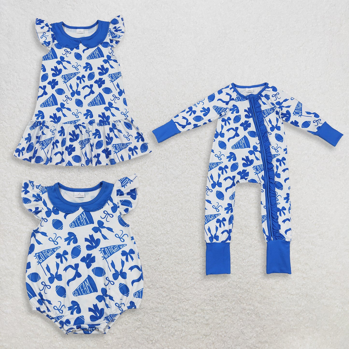 Sibling Baby Girls Kids Cheer Blue Bows Romper Dress Team Clothes RTS