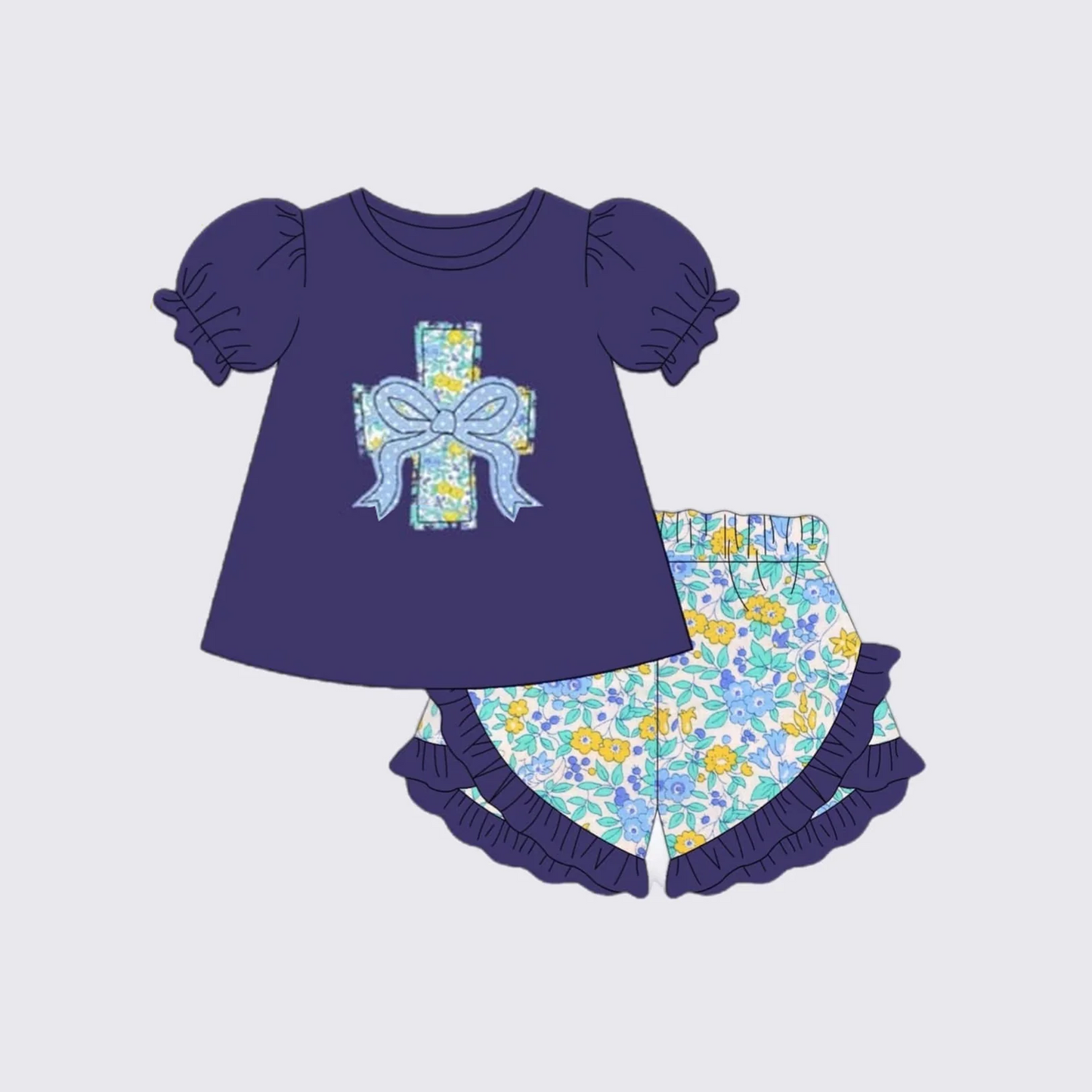 Pre-order Baby Girl Easter Cross Tunic Floral Ruffle Shorts Clothes Set