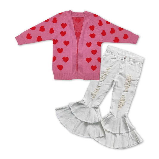 GLP1083 Baby Girl Valentine's Day Hearts Sweater White Denim Pants Outfit