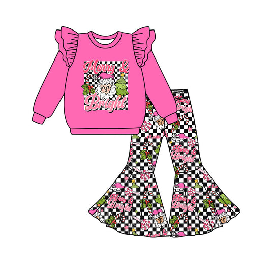 Baby Girl Christmas Merry Bright Tops Checkered Pants Clothes Set