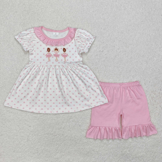 Baby Girl Short Sleeves Dots Dance Tunic Ruffle Pink Shorts Clothes Set