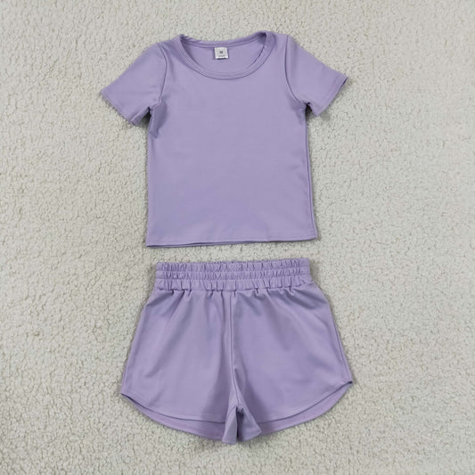 Baby Girls Kids Short Sleeves Lavender Shirt Skirt Shorts Yoga Active Set Clothes RTS