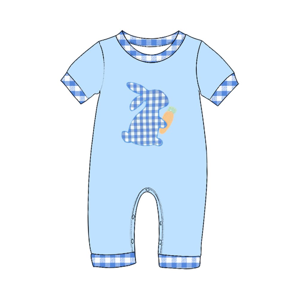 ( Moq 5 ) Preorder Baby Girls Infant Blue Short Sleeves Rabbit Carrot Easter Romper Clothes