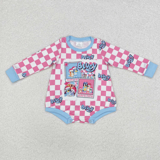 Baby Girl Long Sleeves Christmas Dogs Checkered Bubble Romper