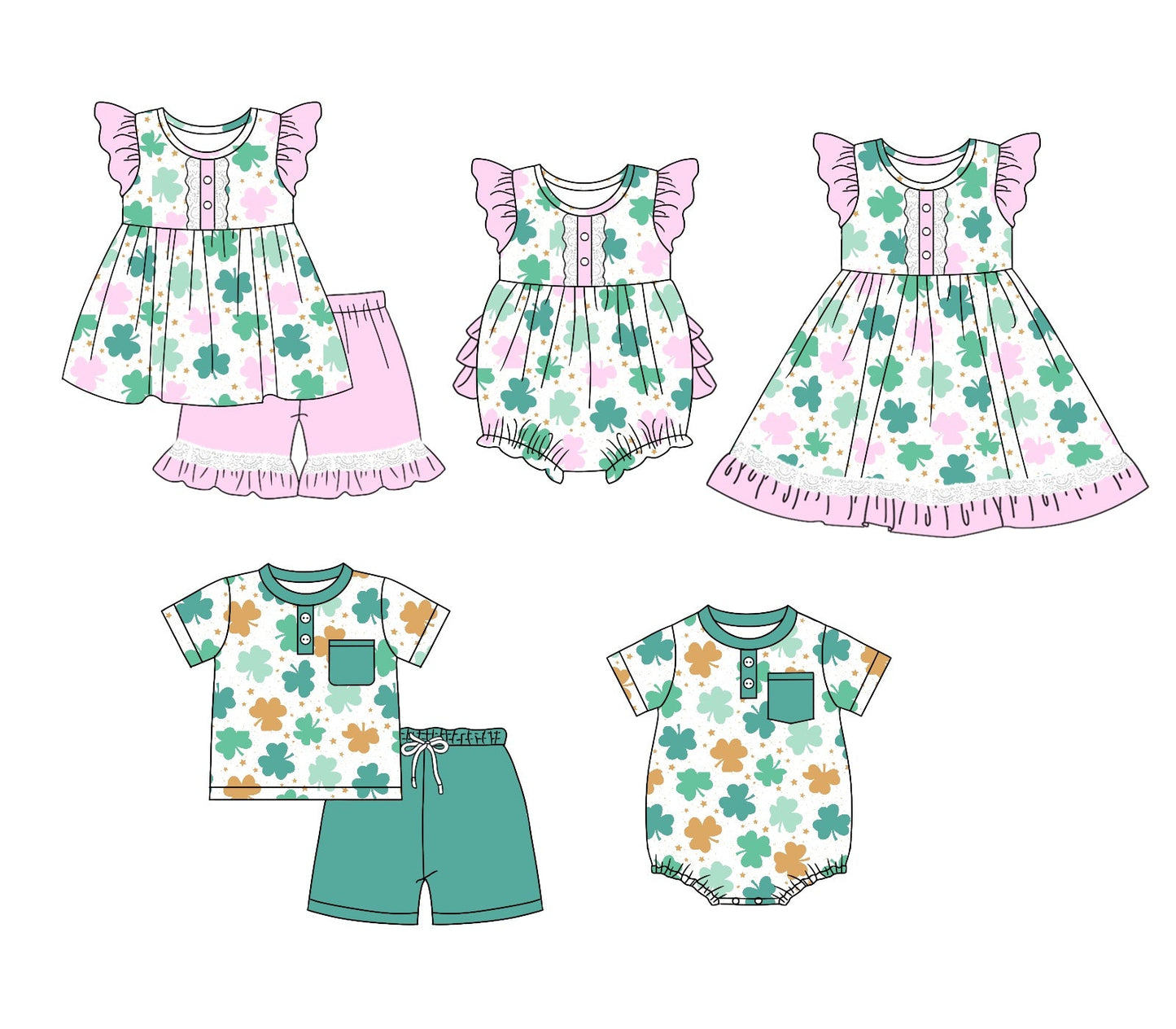 Baby Boy Girl Short Sleeves St. Patrick's Day Clover Sibling Dress Romper Clothes Set Moq 5 Each Style