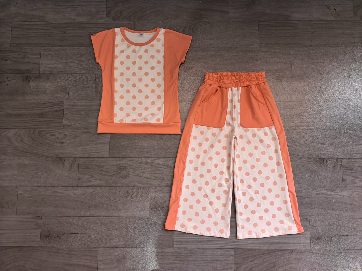 ( No moq ) Preorder Baby Girl Kids Short Sleeves Dots Shirt Pockets Pants Set Clothes