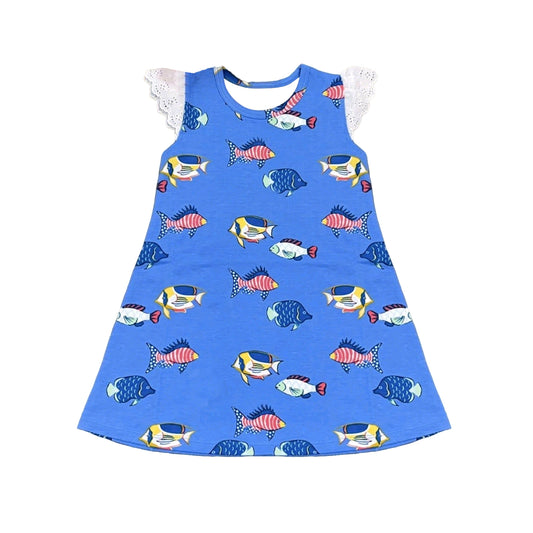 ( Moq 5 )  Preorder Baby Girls Kids Sleeveless Fish Blue Knee Length Dress