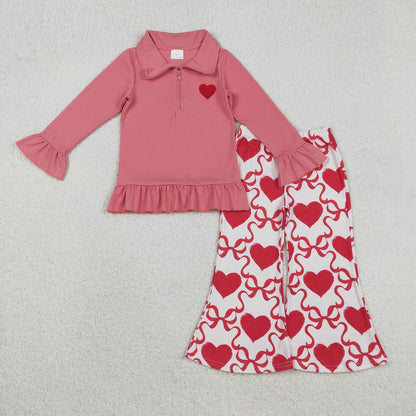 Sibling Baby Girls Kids Embroidery Zipper Shirt Hearts Bows Flower Pants Valentine Romper Sets RTS