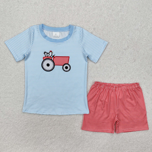 RTS Baby Boy Short Sleeves Embroidery Farm Chicken Shirt Red Plaid Shorts Clothes Set