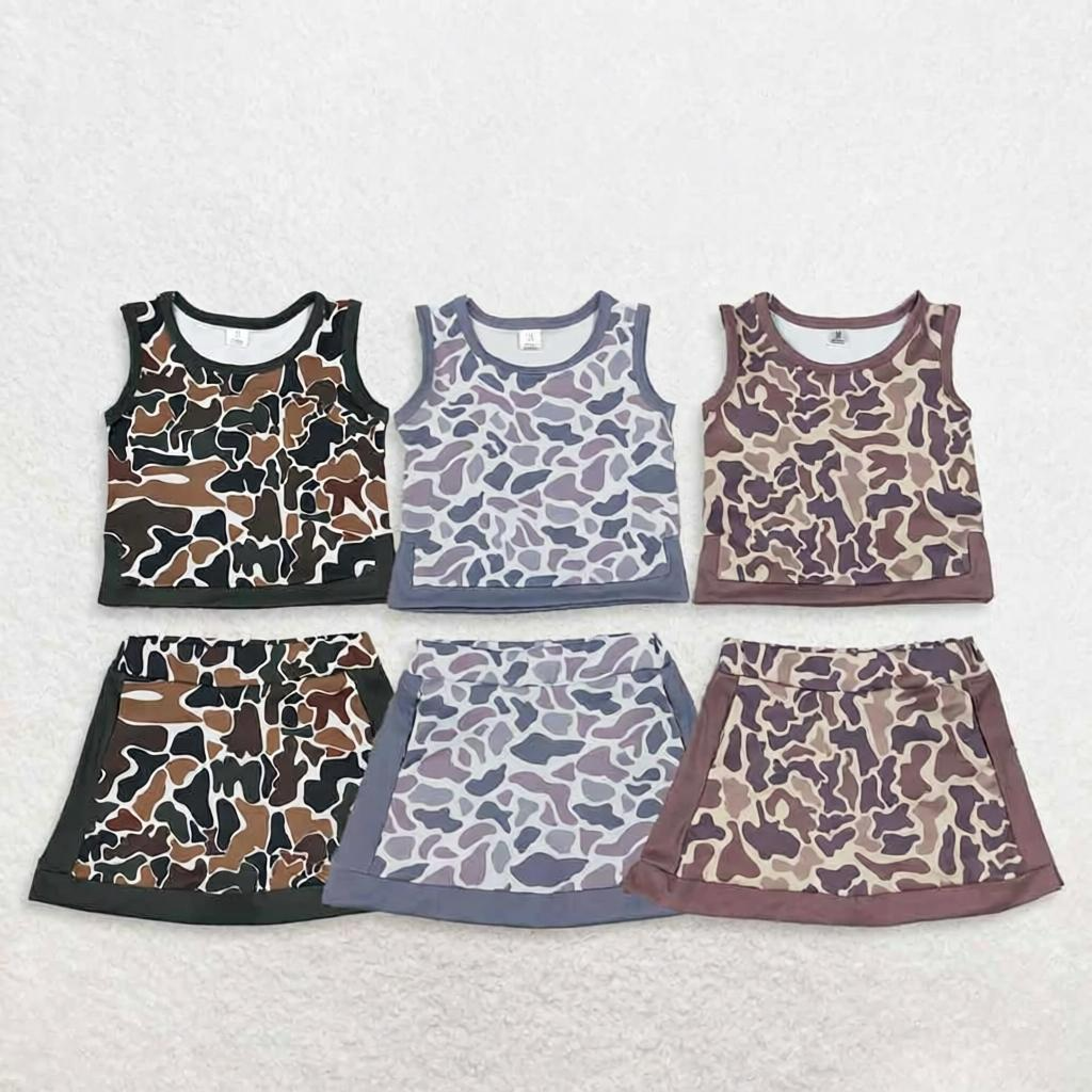 Sibling Baby Girls Kids Sleeveless Camo Tops Skirts Shorts Sets Yoga Active Clothes RTS