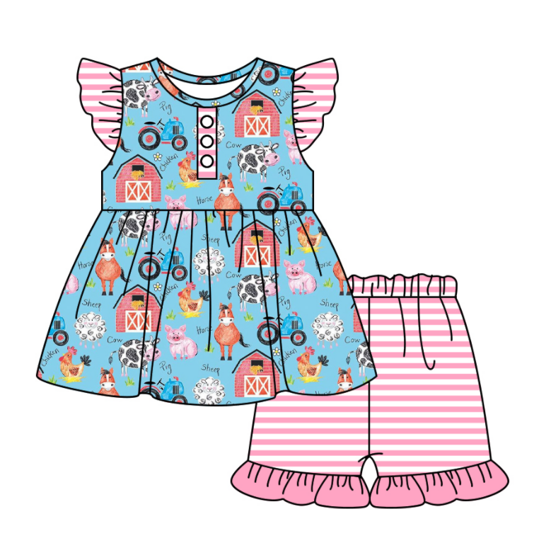 Baby Girl Farm Animals Sibling Romper Dress Clothes Set ( Moq 5 Each Design )