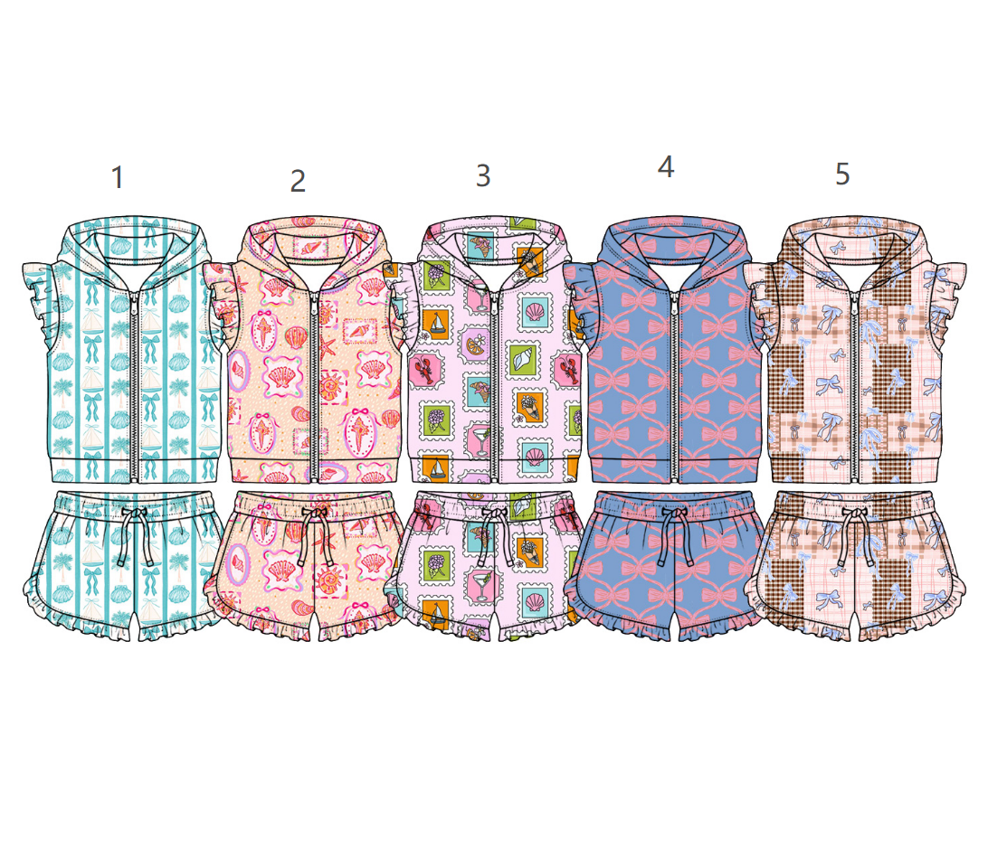 ( Moq 5 Each Style ) Sibling Baby Girls Kids Short Sleeves Bows Zipper Hoodie Tops Shorts Sets Clothes