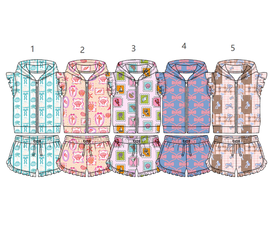 ( Moq 5 Each Style ) Sibling Baby Girls Kids Short Sleeves Bows Zipper Hoodie Tops Shorts Sets Clothes