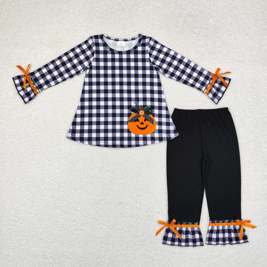 Baby Girl Halloween Embroidery Pumpkin Checkered Tops Black Ruffle Pants Set