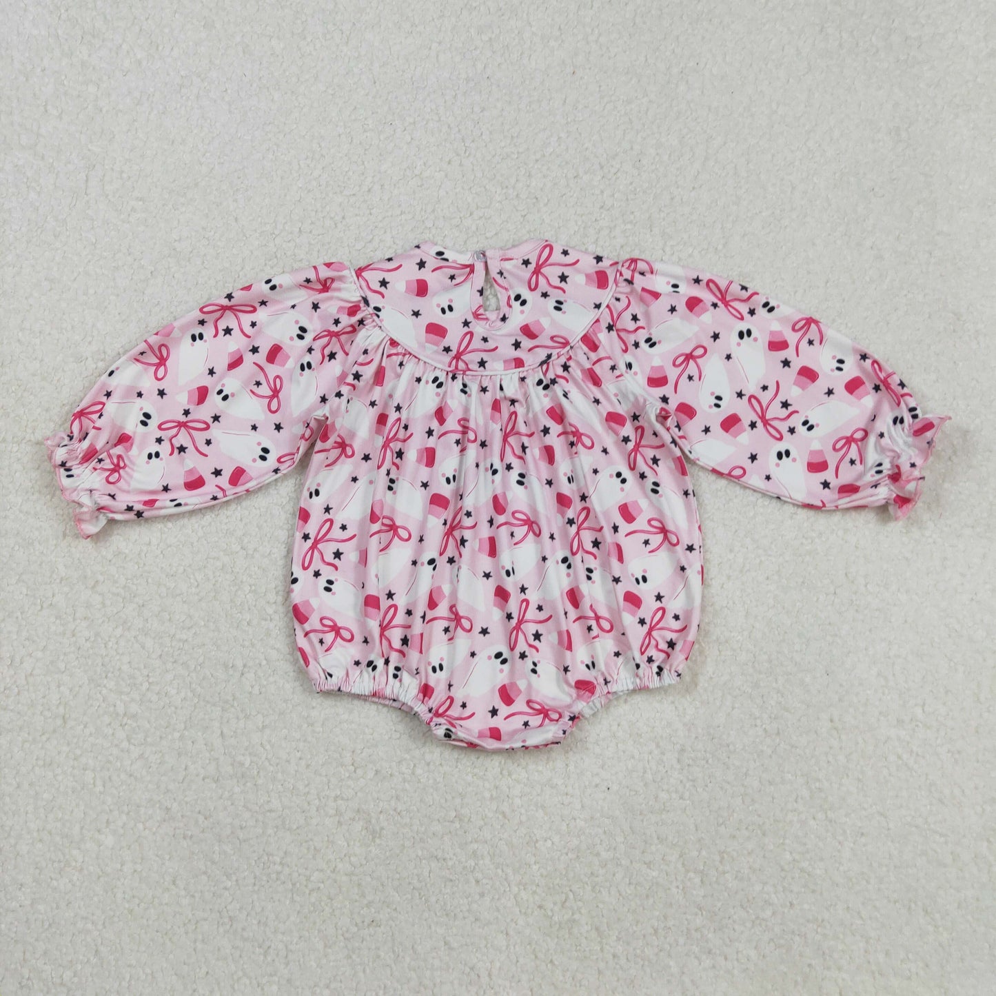 Baby Girl Long Sleeves Pink Bows Ghosts Embroidery Halloween Smocked Bubble Romper RTS